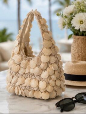 From India To You | Natural Shell Top Handle Boho Coastal Resort Vacation Purse